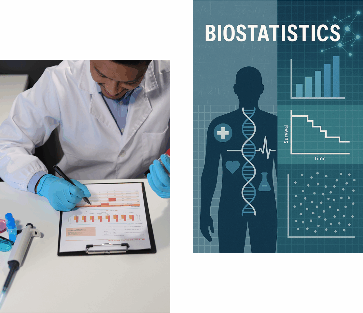 Scientist analyzing data with biostatistics graphics